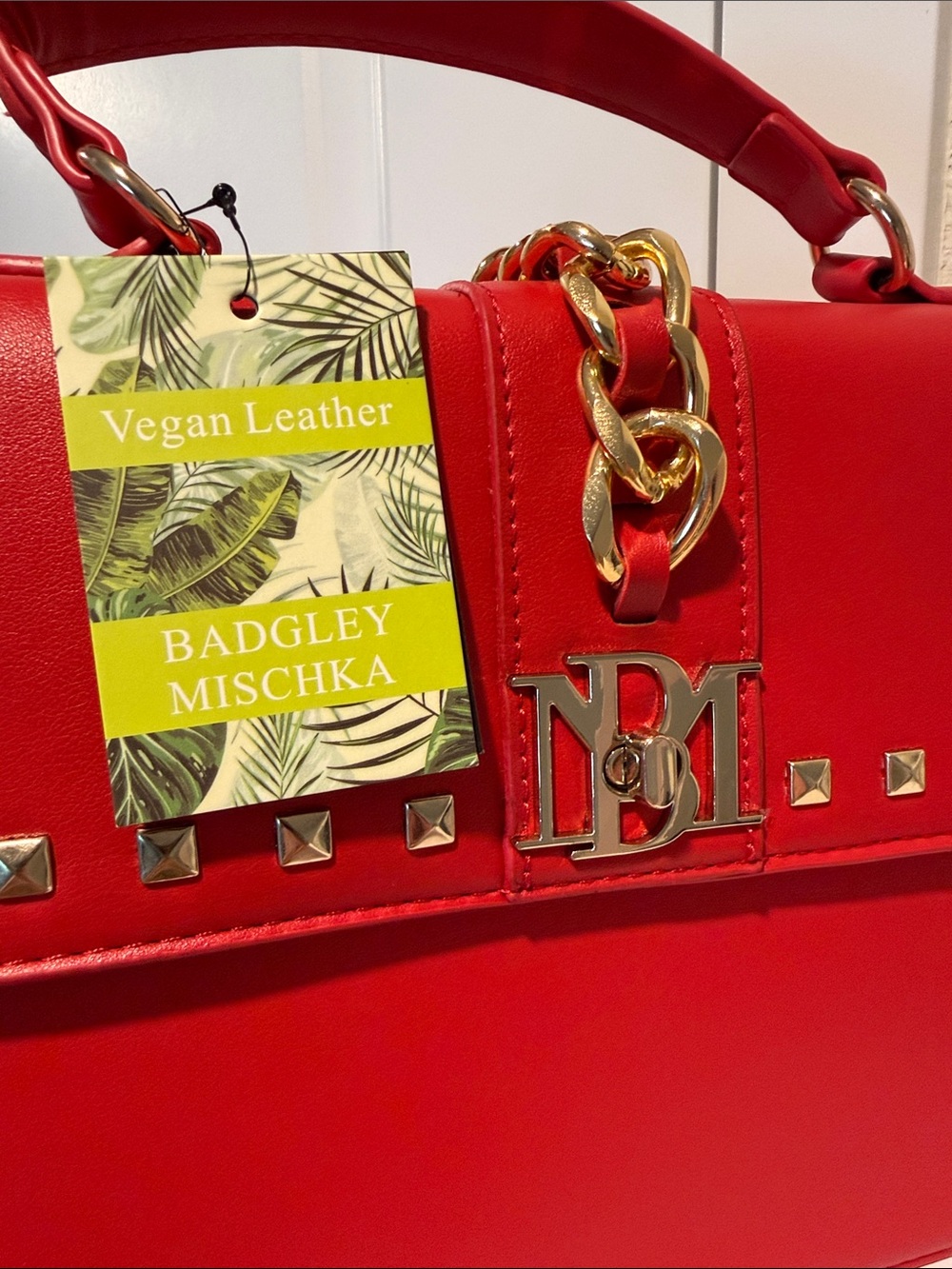 Badgley Mischka Red Top-Handle Crossbody with Gold Chain - Picture 10 of 10